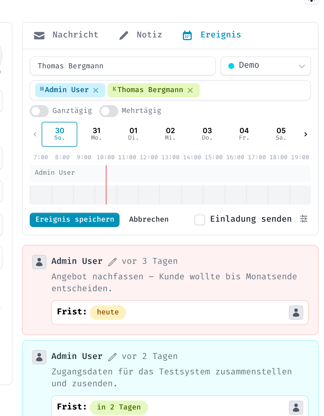 Formular für einen Termin mit Teilnehmern und Zeitschiene