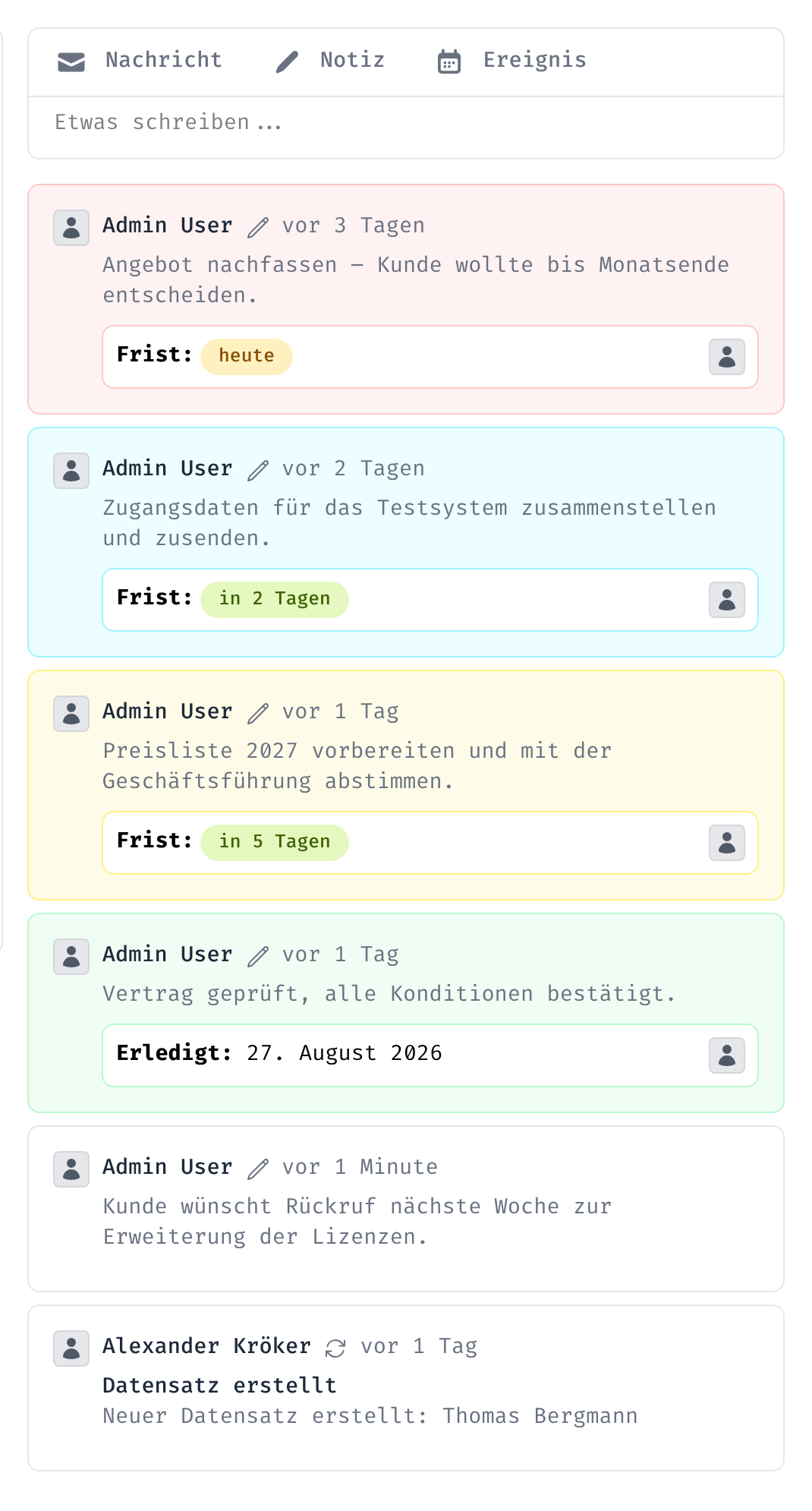 Aktivitätenspalte mit Reitern, Notizen und Verlauf