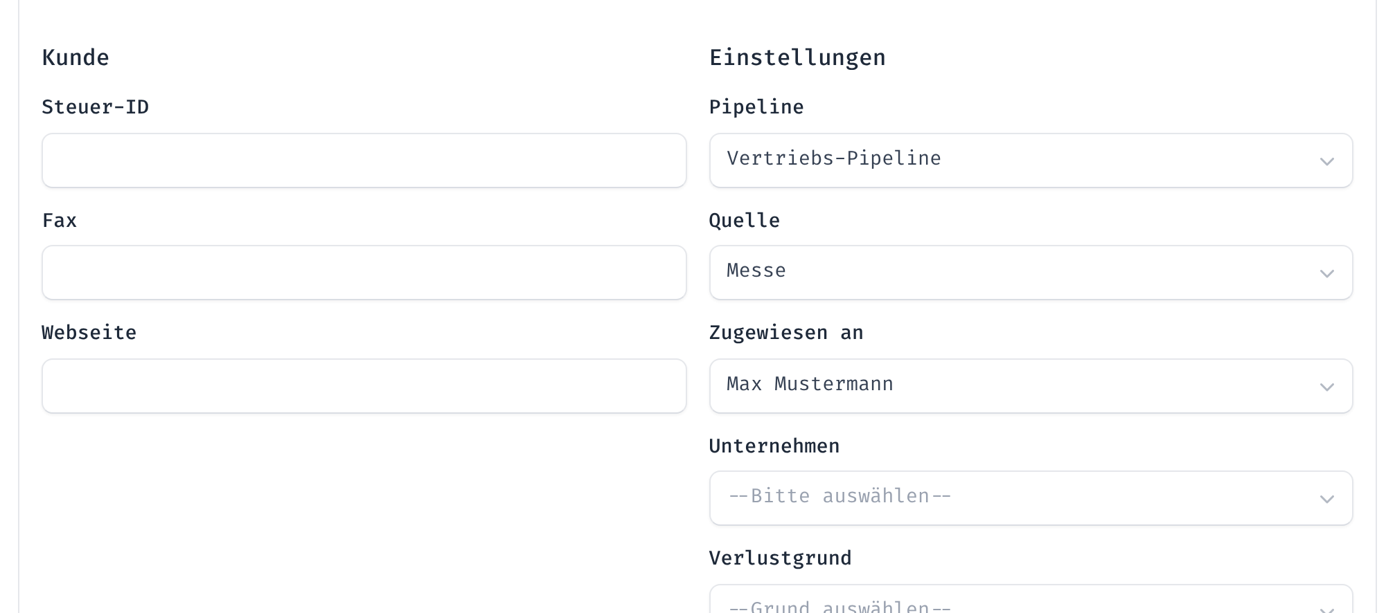 Reiter mit Pipeline, Quelle, Zuständigkeit, Tags und Verlustgrund