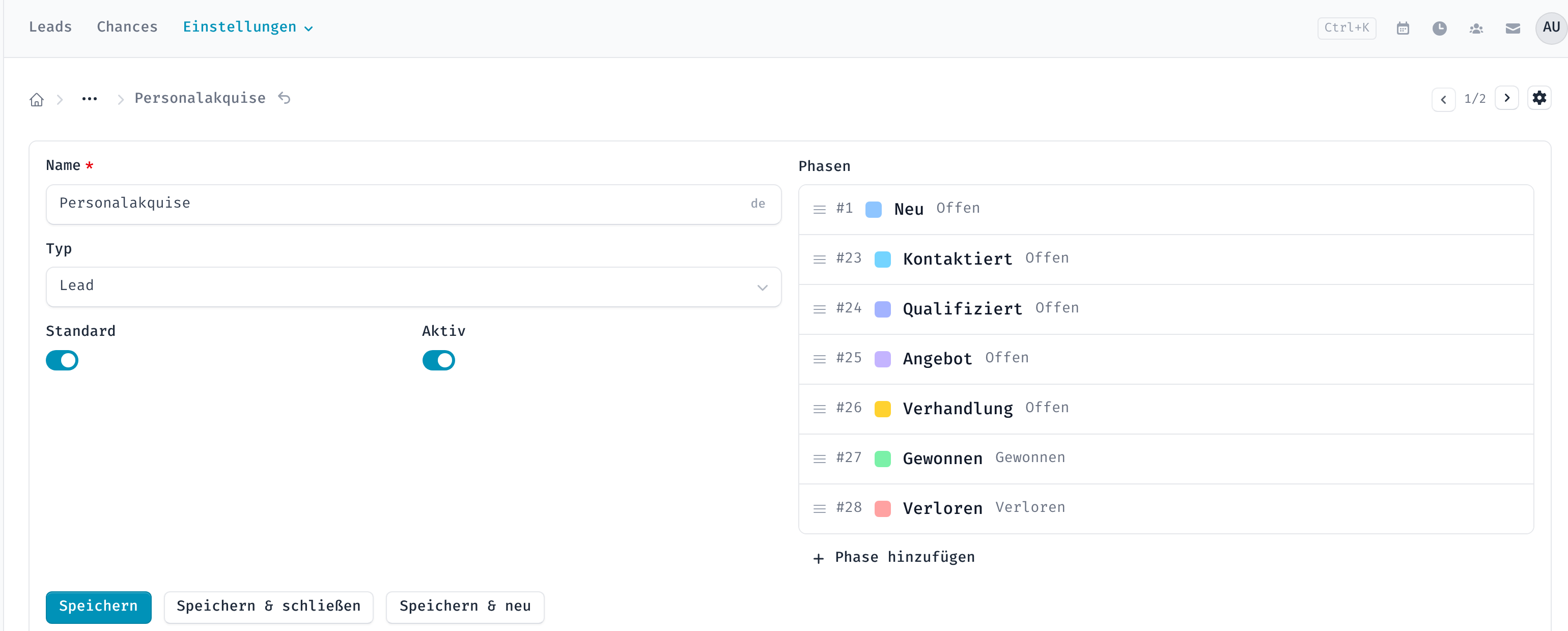 Pipeline-Formular mit Name, Typ und Phasenliste