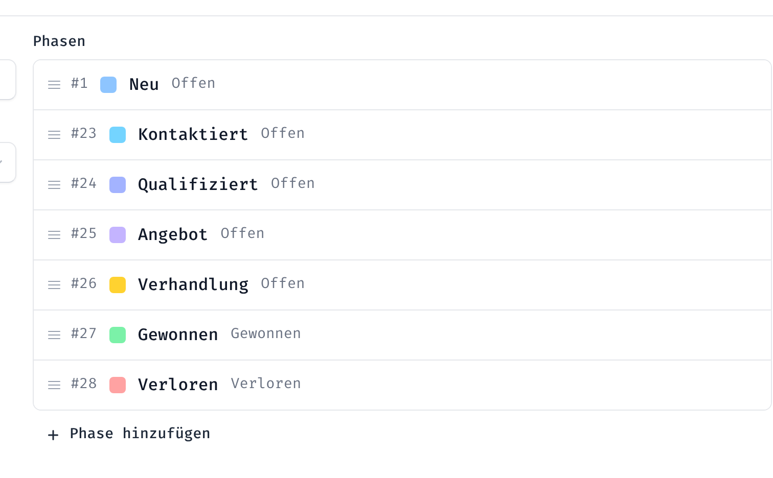 Phasen einer Pipeline mit Farben und Typ