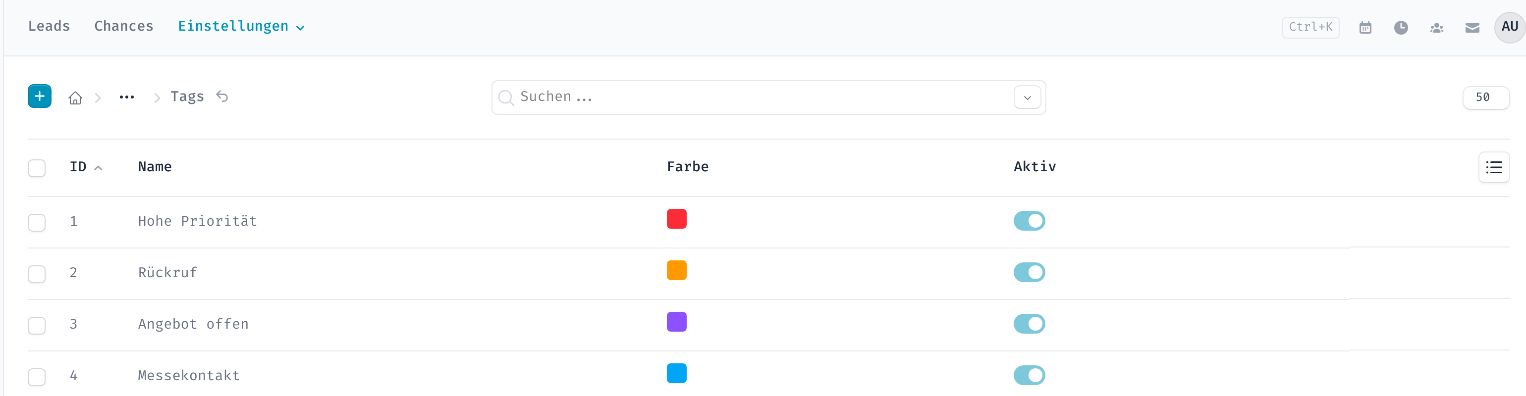Liste der CRM-Tags mit Farben