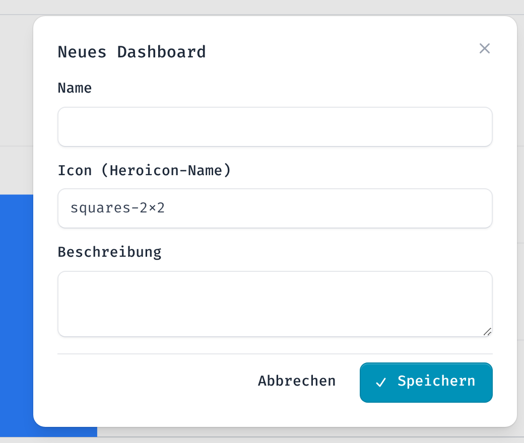 Formular „Neues Dashboard“ mit den Feldern Name, Icon und Beschreibung