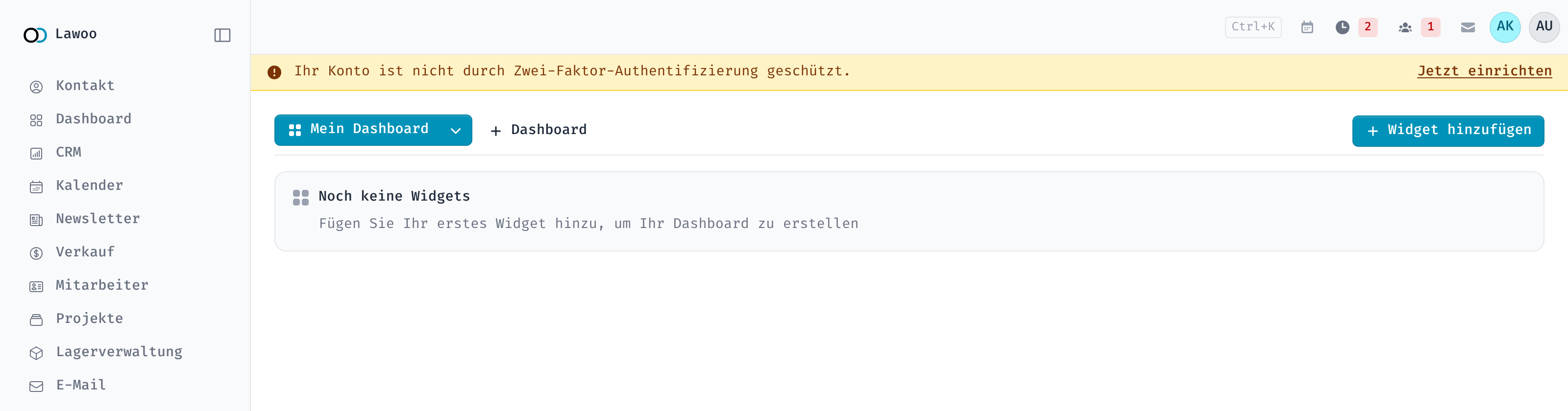 Leeres Dashboard direkt nach dem ersten Besuch mit der Schaltfläche „Widget hinzufügen“