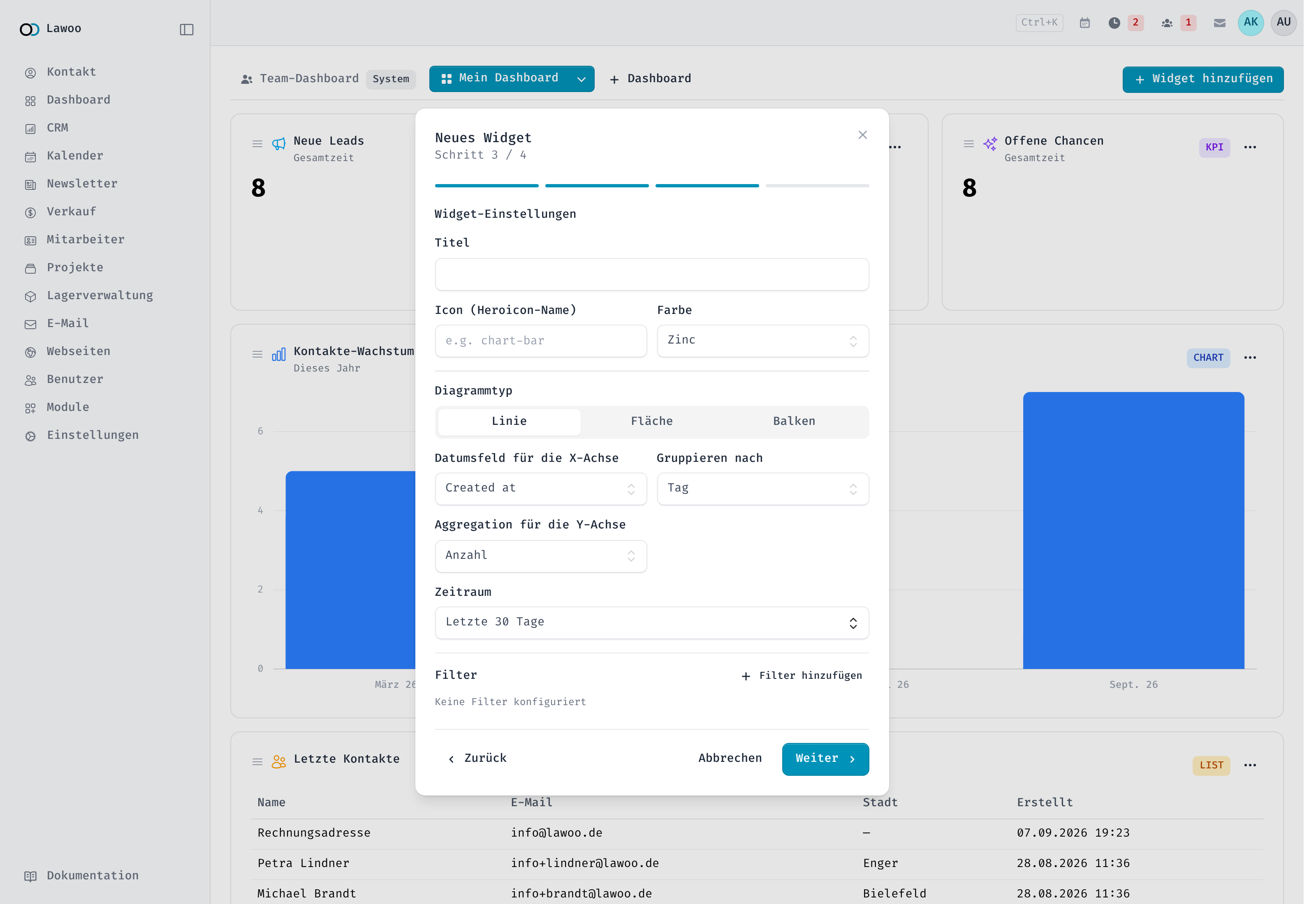 Schritt 3 für Diagramm-Widgets: Diagrammtyp, X-Achse, Gruppierung, Aggregation und Zeitraum