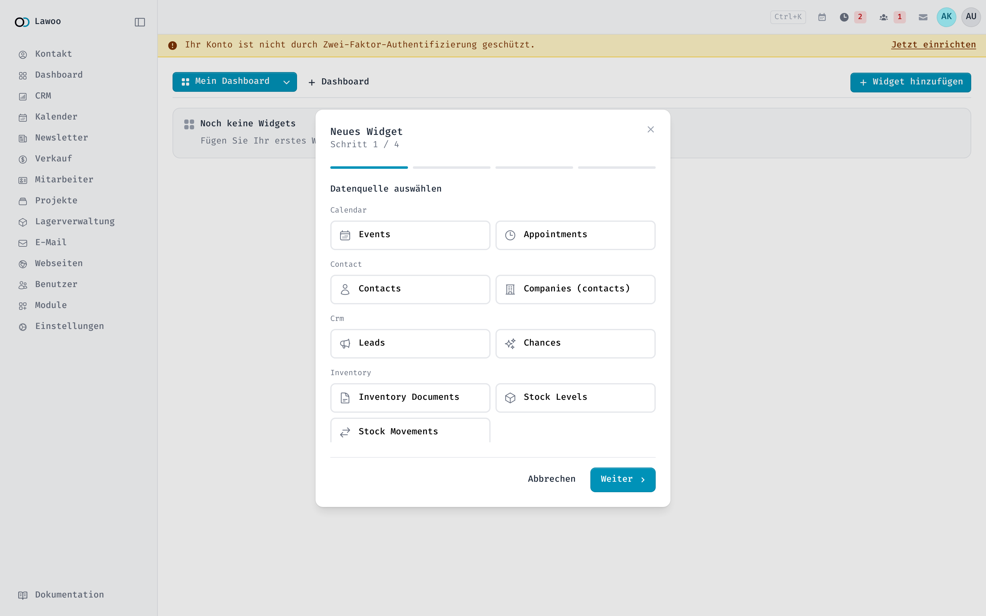 Schritt 1 des Widget-Assistenten: Auswahl der Datenquelle, gruppiert nach Modul