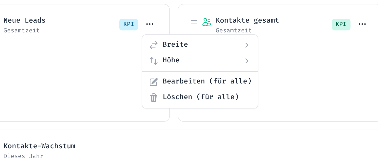 Geöffnetes Kartenmenü eines Widgets mit den Einträgen Breite, Höhe, Bearbeiten (für alle) und Löschen (für alle)