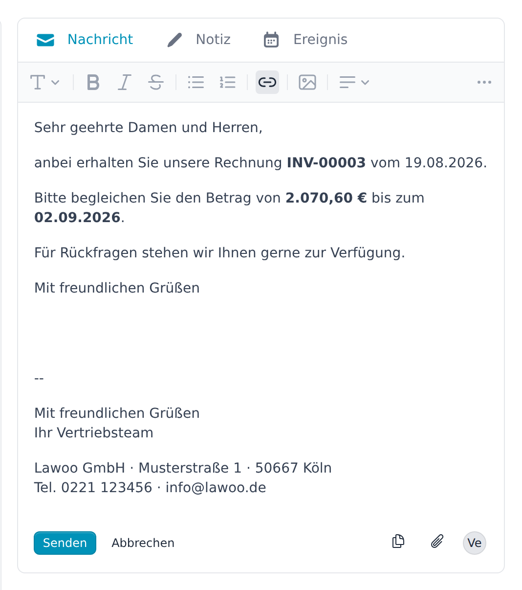 E-Mail-Editor in der rechten Spalte einer Rechnung