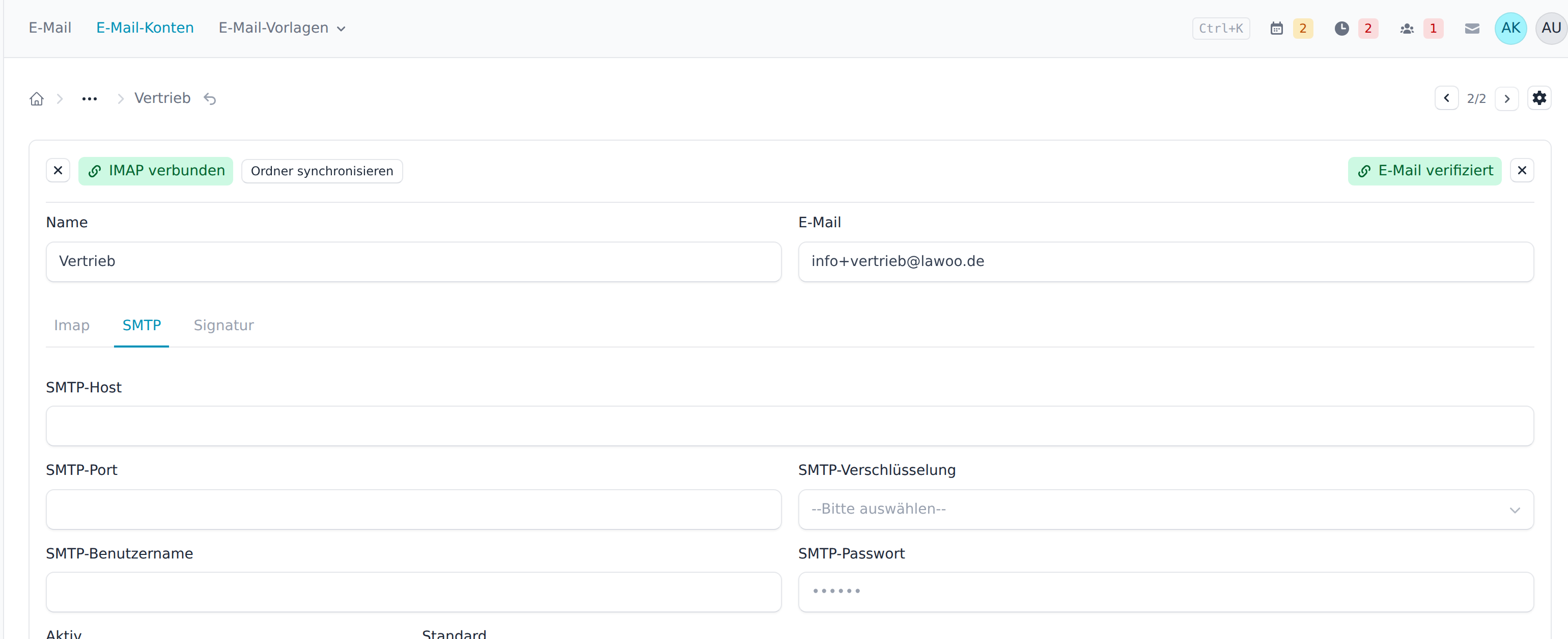 Reiter SMTP mit Host, Port, Verschlüsselung und Zugangsdaten