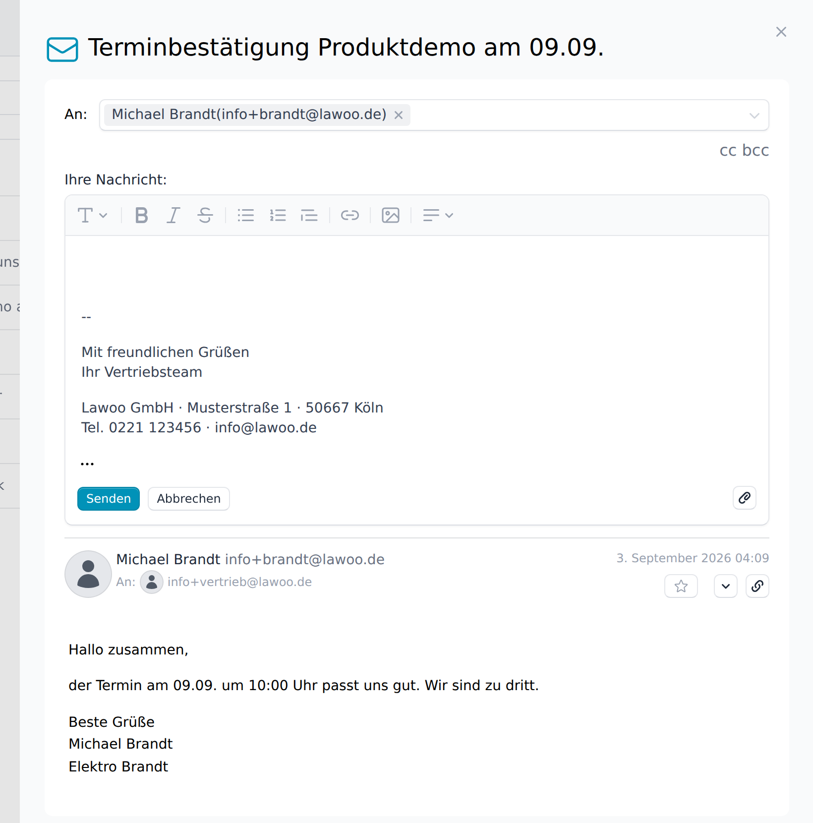 Antwortformular mit vorbelegtem Empfänger und Signatur