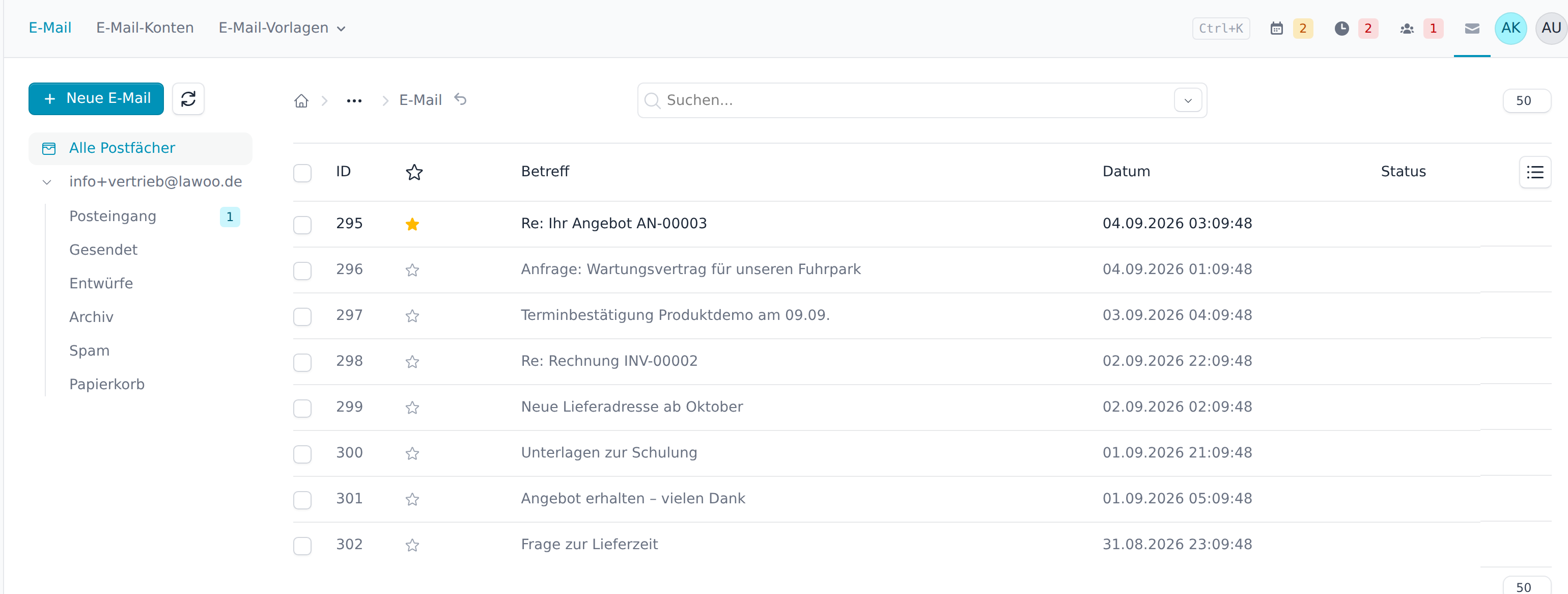 Postfach mit Ordnerliste und Nachrichtenliste