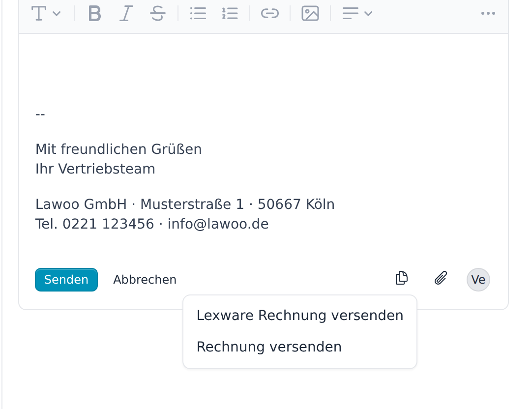 Auswahlmenü der passenden Vorlagen im E-Mail-Editor