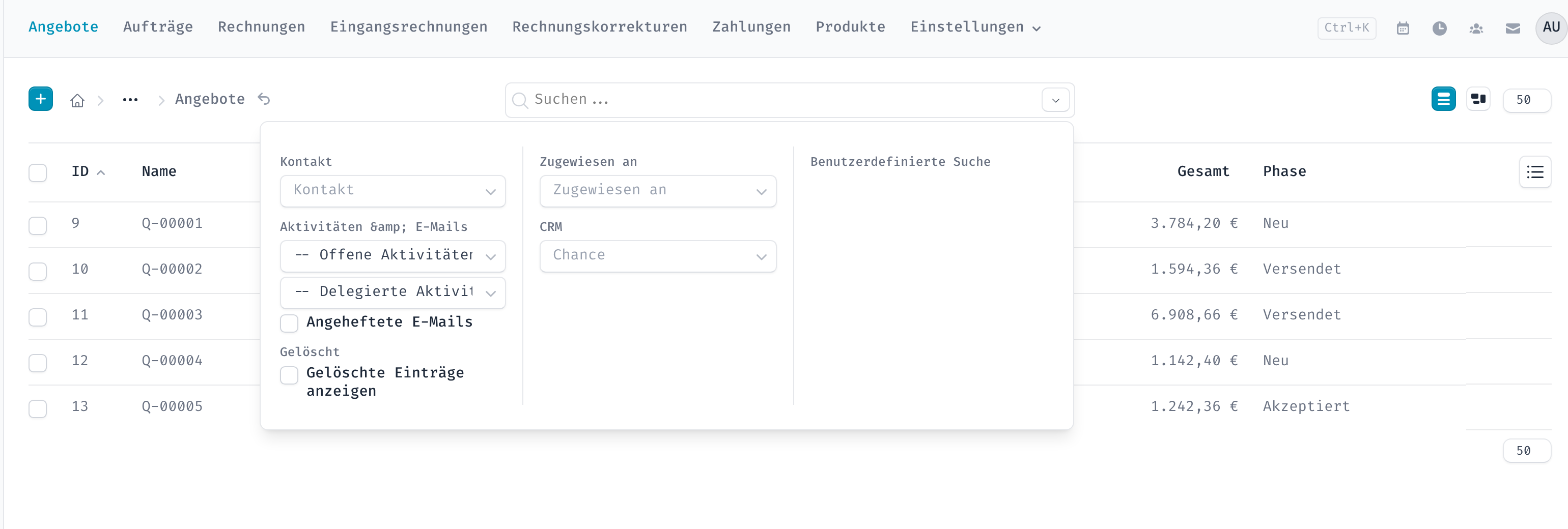 Aufgeklappte Filterleiste mit mehreren Filtergruppen
