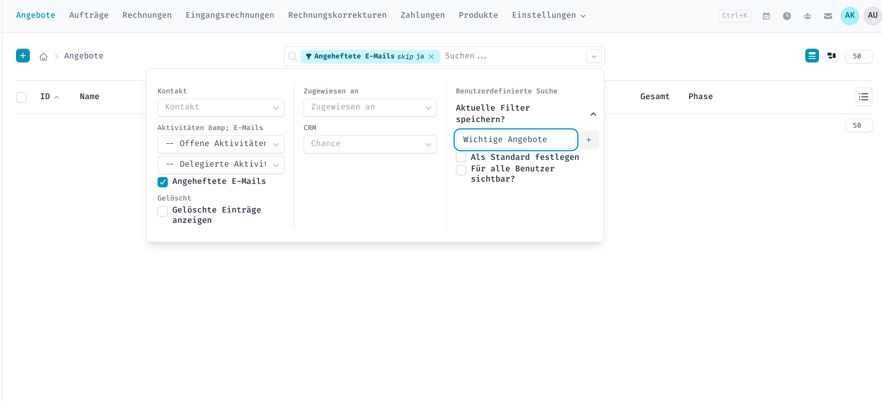 Formular zum Speichern der aktuellen Filter mit Name und Optionen