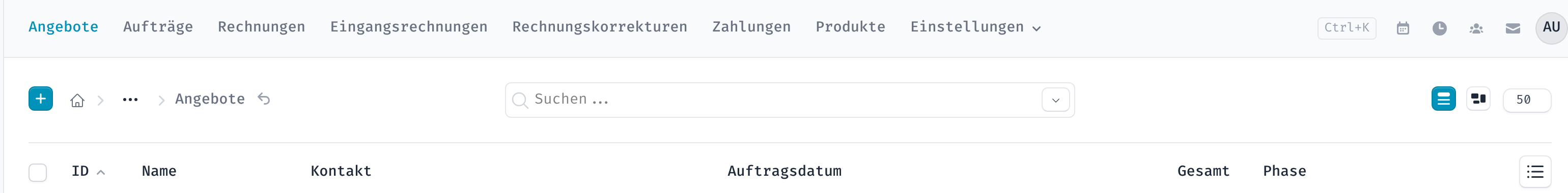 Werkzeugleiste einer Übersicht mit Neu, Suche und Ansichtsumschalter