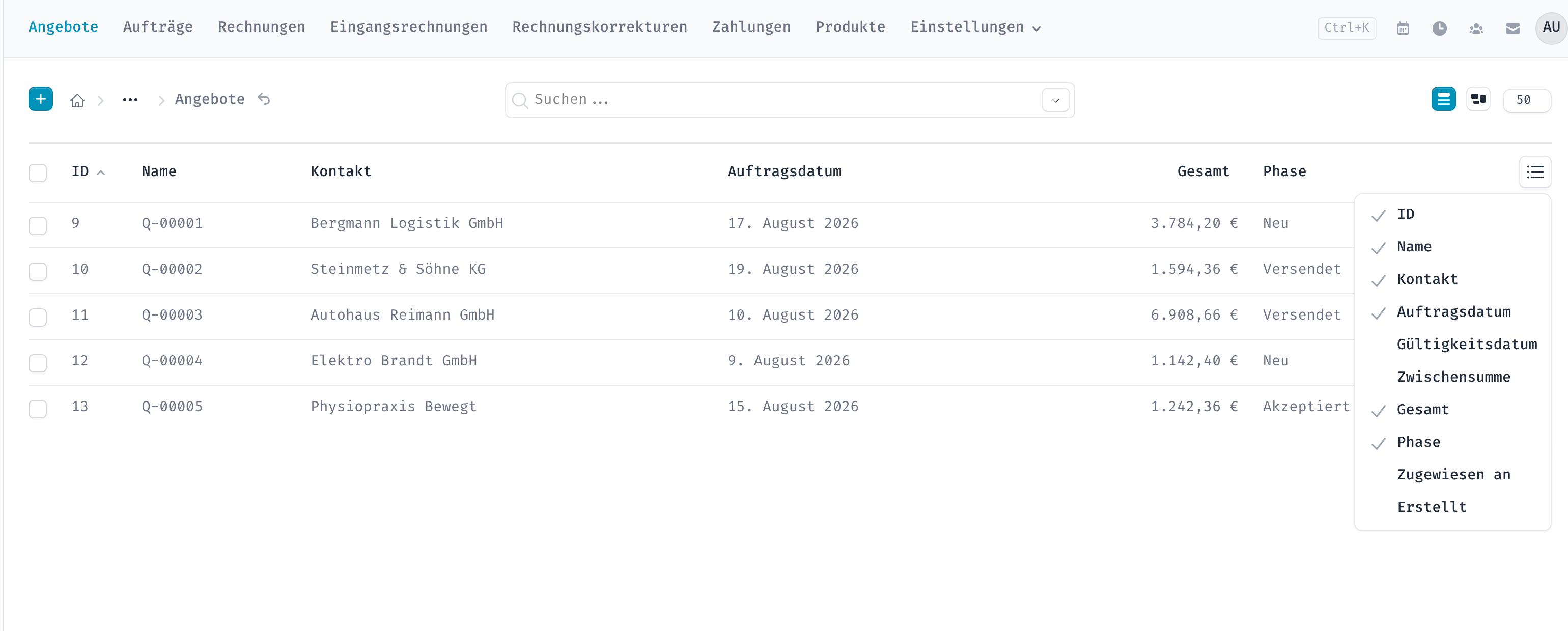 Menü zur Auswahl der sichtbaren Spalten