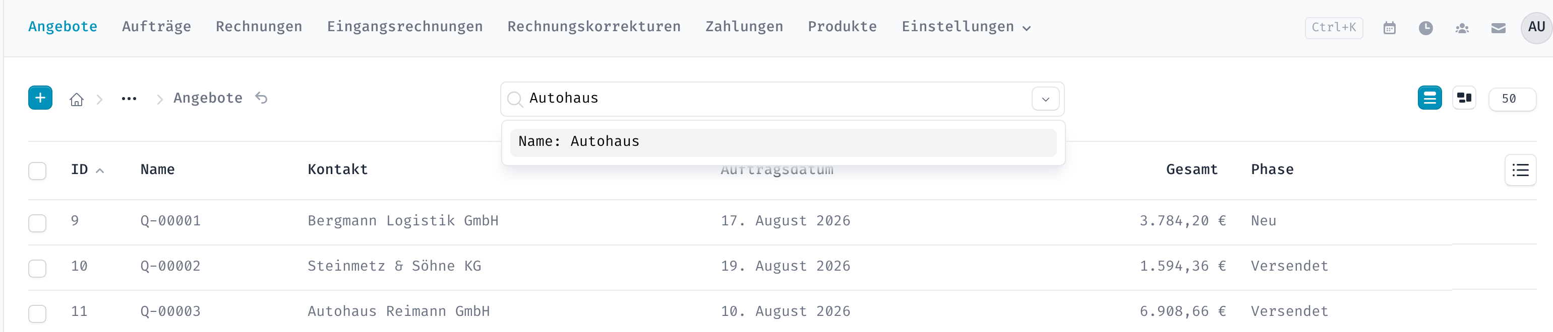 Übersicht mit aktiver Suche und einem Treffer