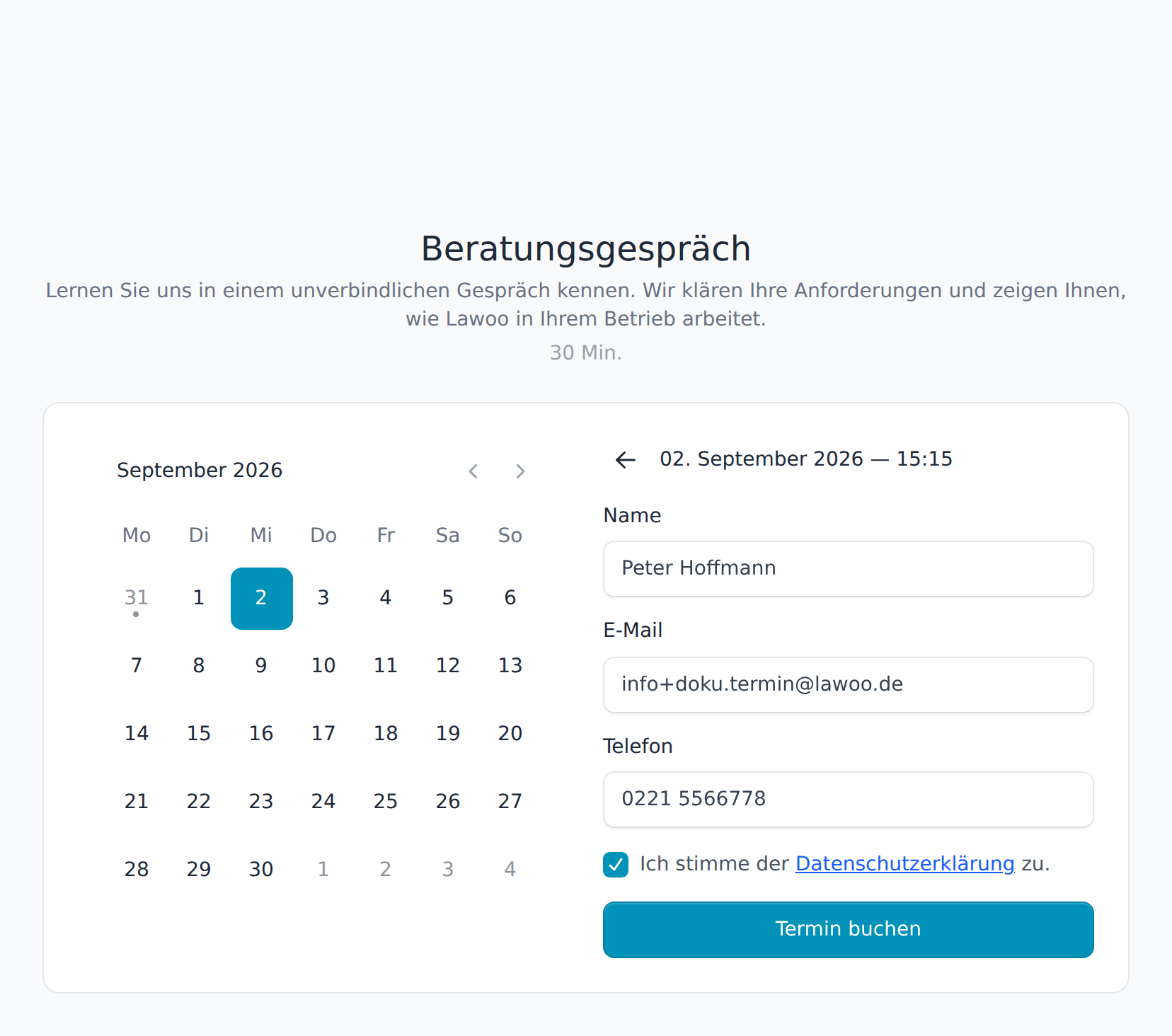 Buchungsformular mit Name, E-Mail, Telefon und Datenschutz-Checkbox