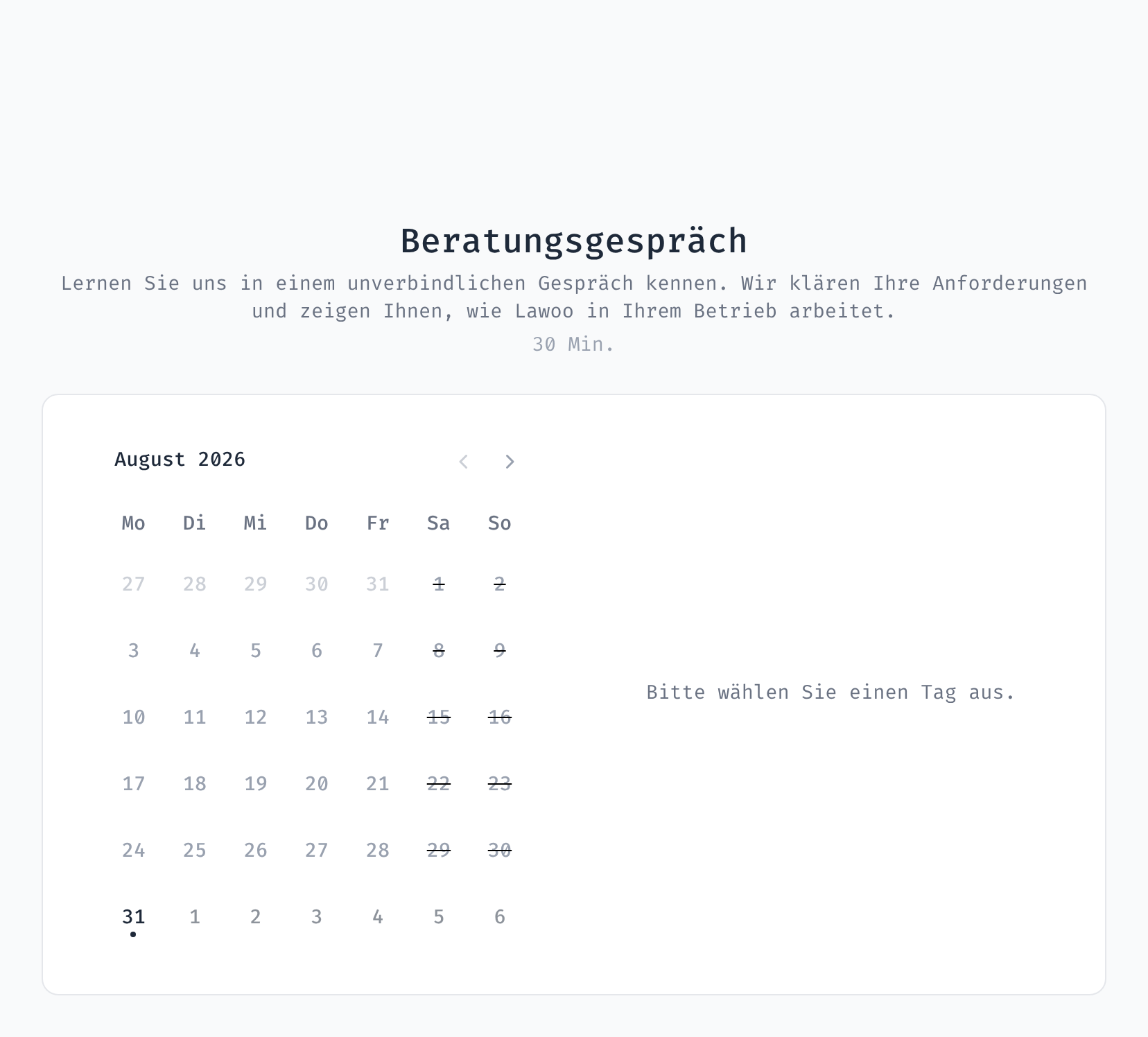 Öffentliche Buchungsseite mit Monatskalender