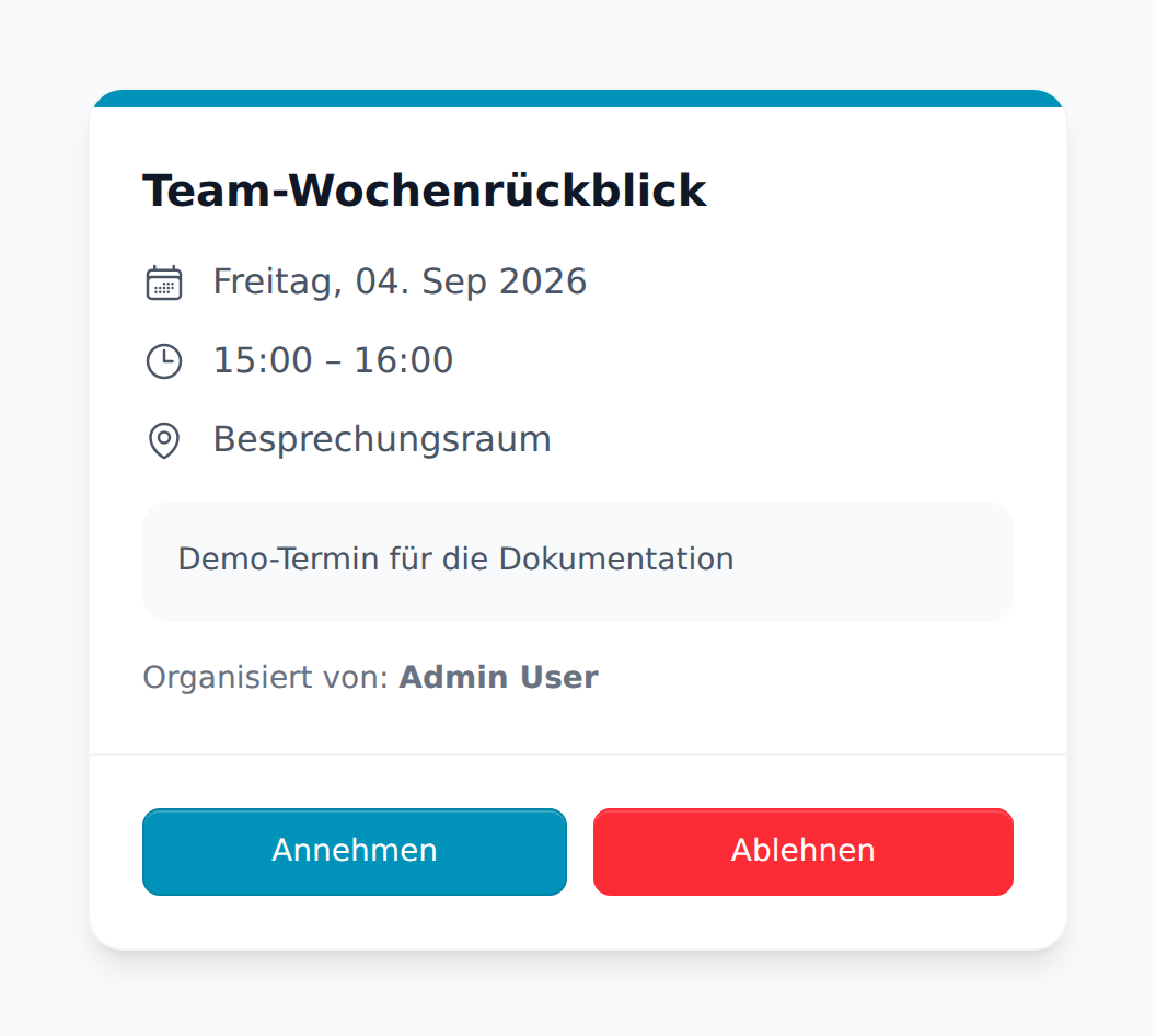 Öffentliche Seite zum Annehmen oder Ablehnen einer Einladung
