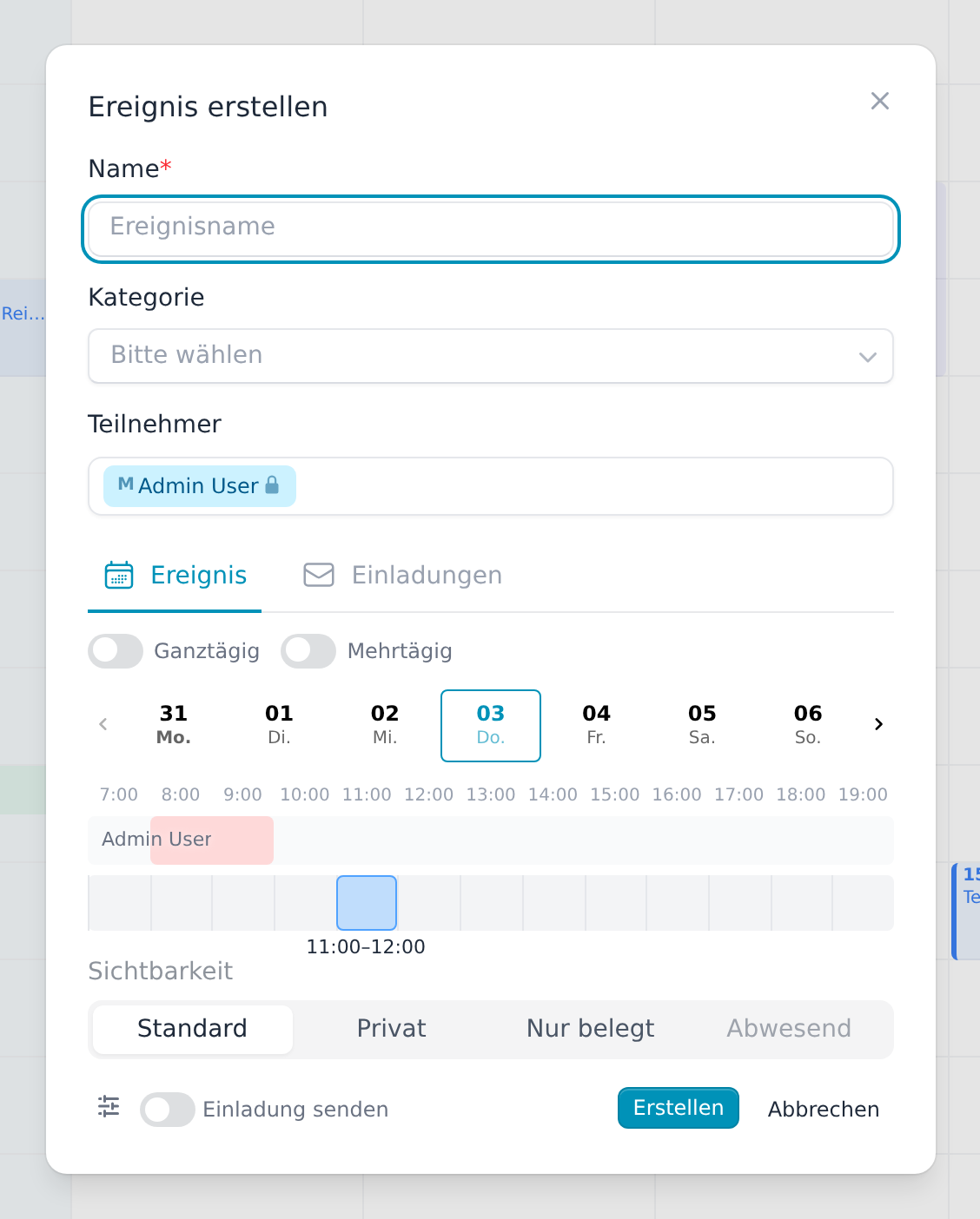 Formular zum Erstellen eines Termins mit Name, Kategorie und Teilnehmern