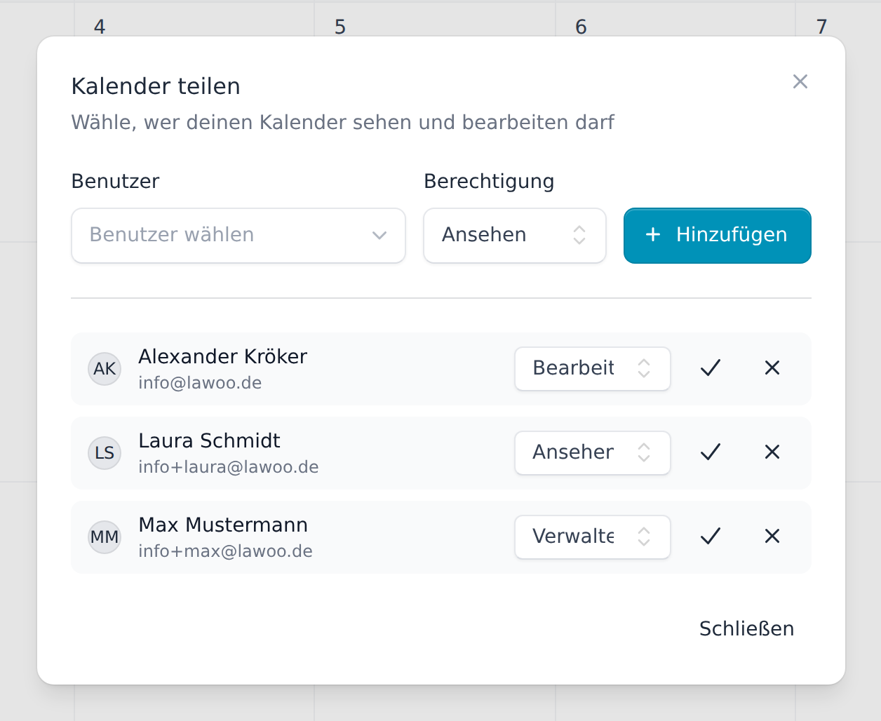Dialog Kalender teilen mit Benutzern und ihren Berechtigungen