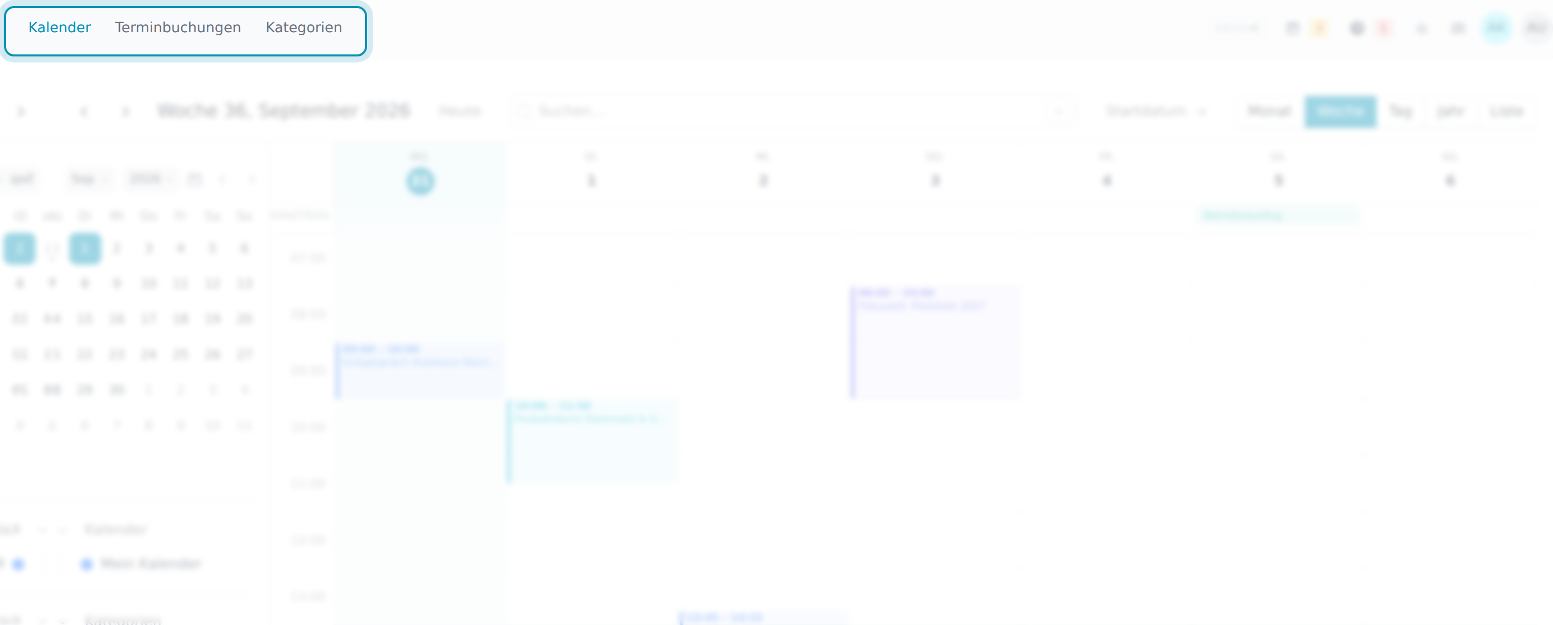 Obere Navigation mit den Bereichen Kalender, Terminbuchungen und Kategorien