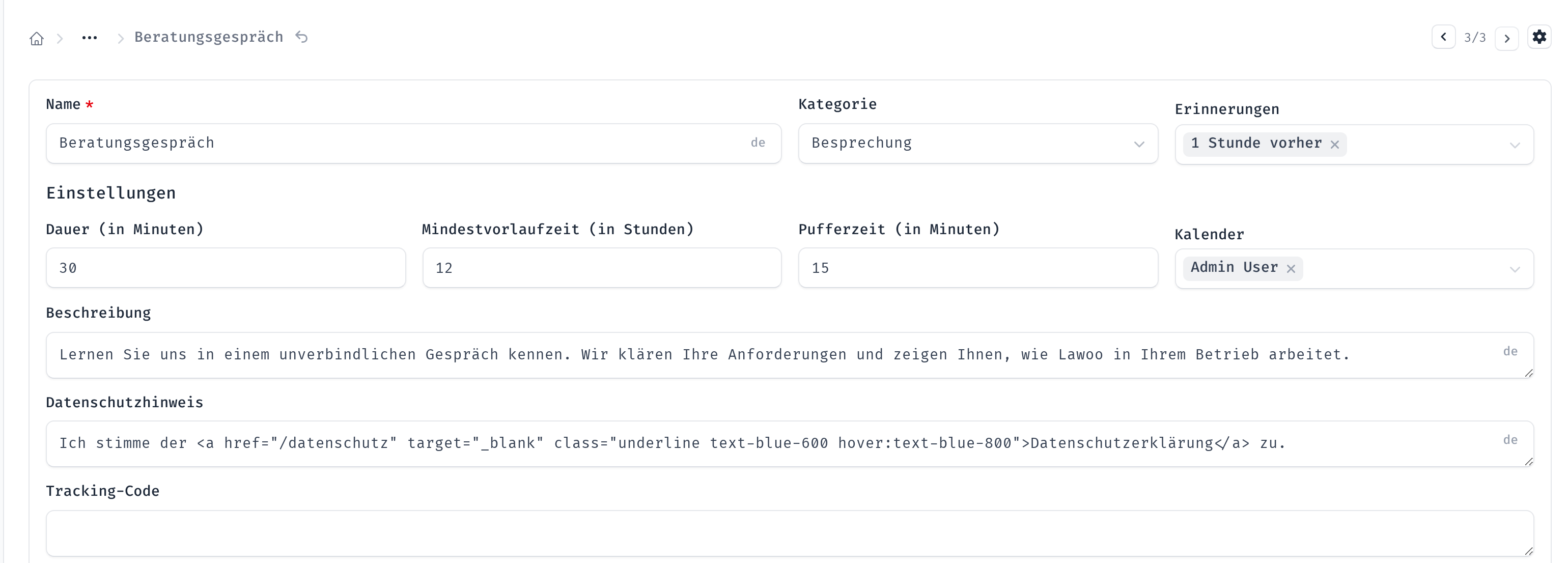 Formular einer Terminbuchung mit Dauer, Vorlaufzeit, Pufferzeit und Kalender