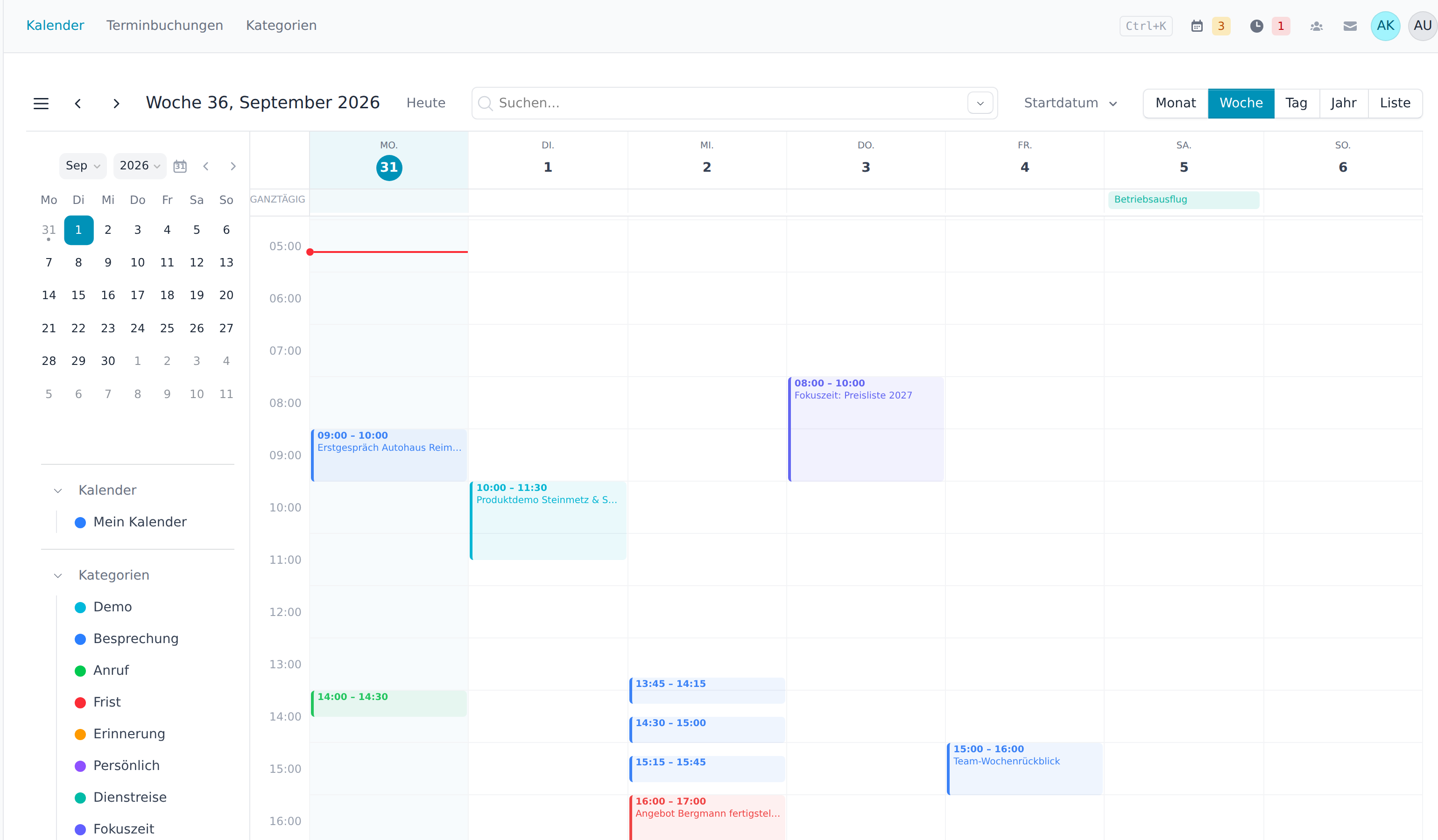 Wochenansicht mit Stundenraster, ganztägigen Terminen und Mini-Kalender