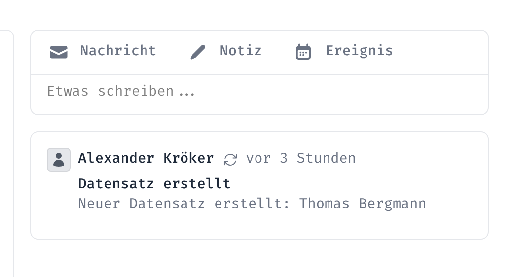 Bereich für Nachricht, Notiz und Ereignis mit Verlauf