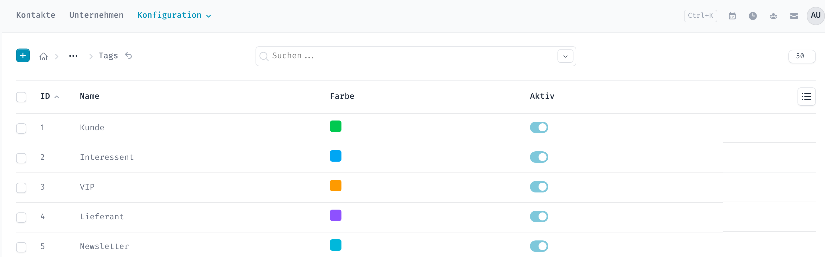 Übersicht der Tags mit Name, Farbe und Aktiv-Schalter