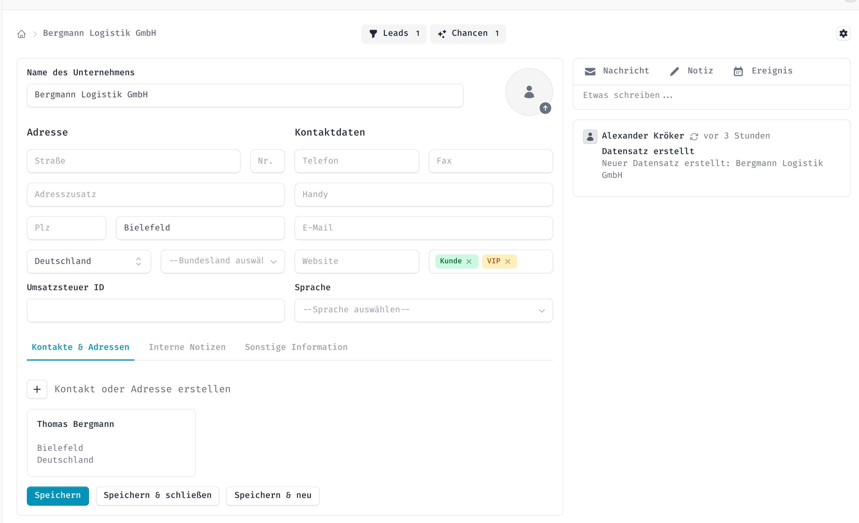 Formular eines Unternehmens mit Adresse, Kontaktdaten und zugeordnetem Ansprechpartner