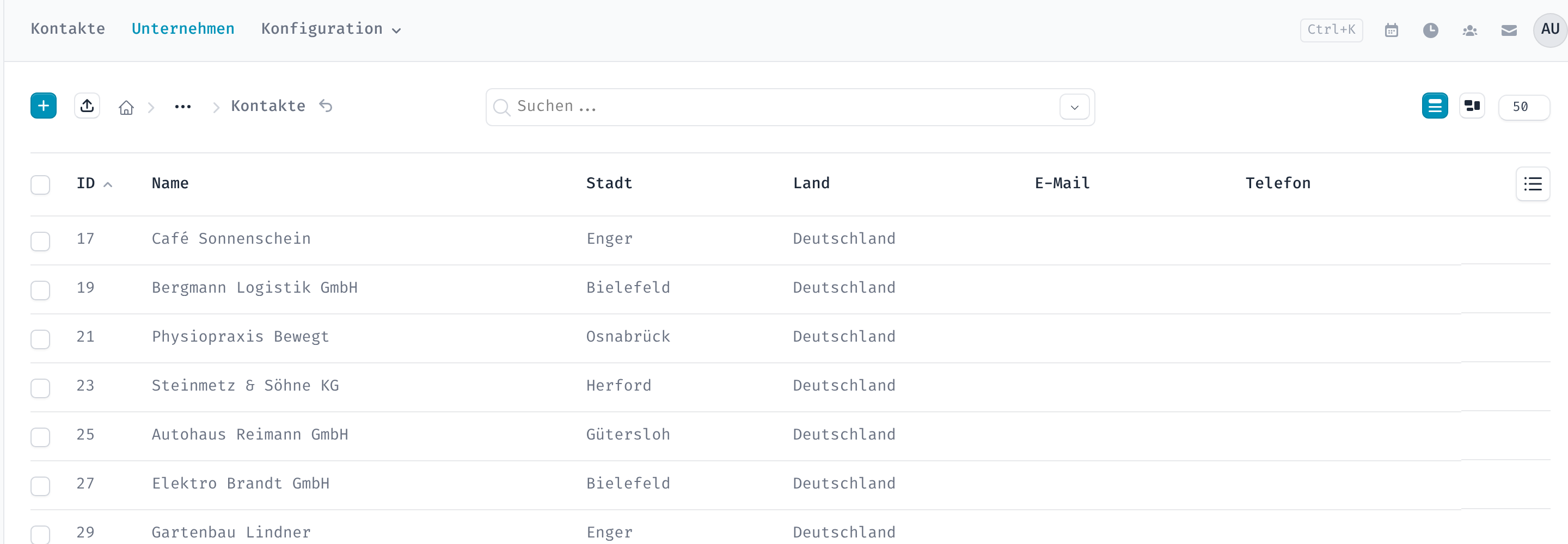 Liste der Unternehmen mit Name, Stadt und Land