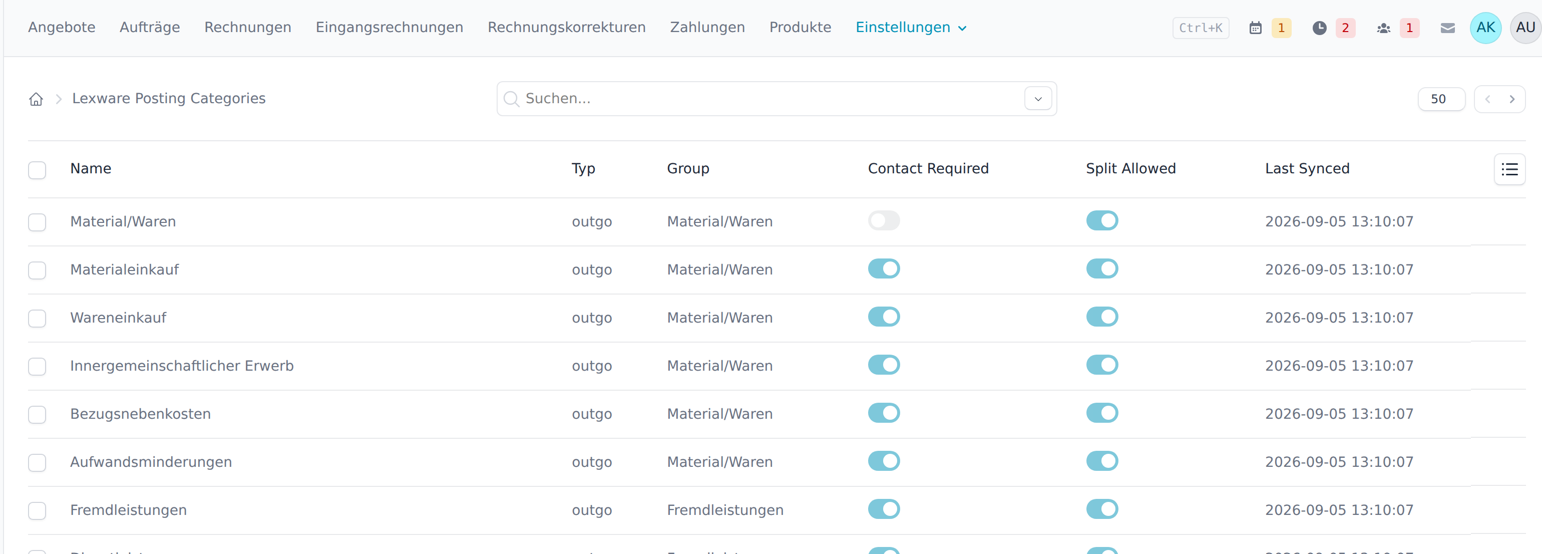 Liste der aus Lexware geladenen Buchungskategorien