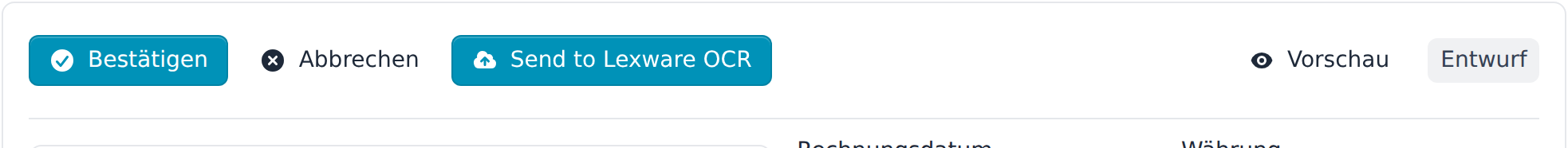 Eingangsrechnung mit der Schaltfläche zum Senden an die Lexware-Texterkennung