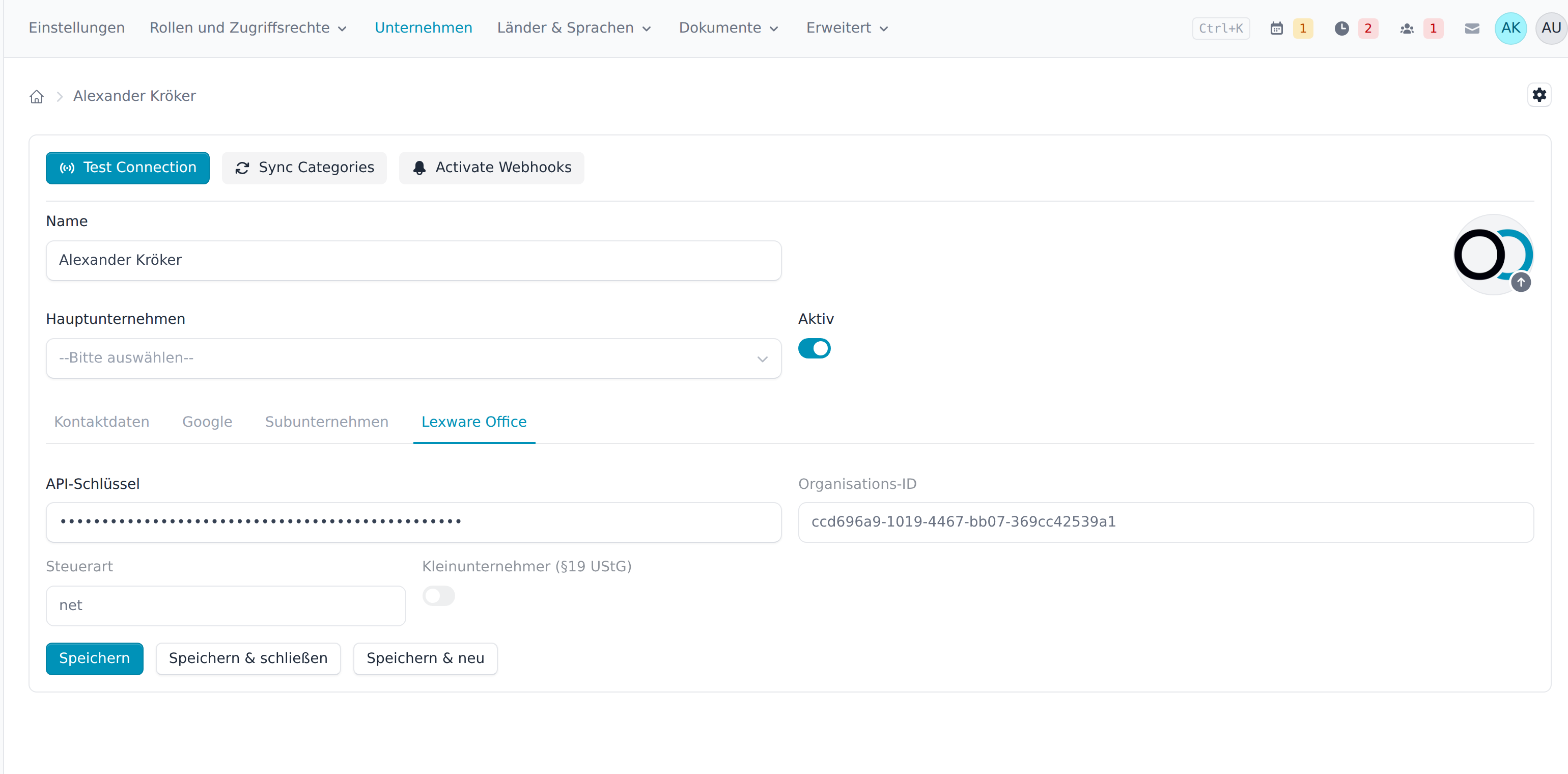 Reiter Lexware Office im Unternehmen mit API-Schlüssel und Verbindungsschaltflächen