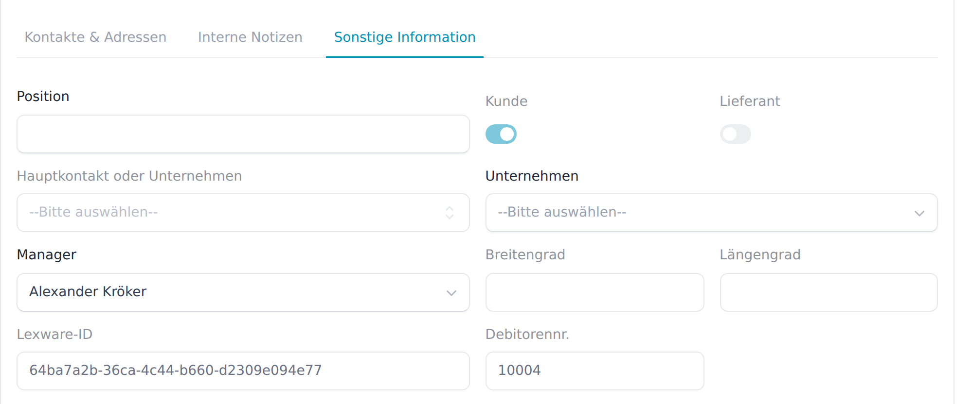 Lexware-Felder im Kontakt mit Lexware-ID und Debitorennummer