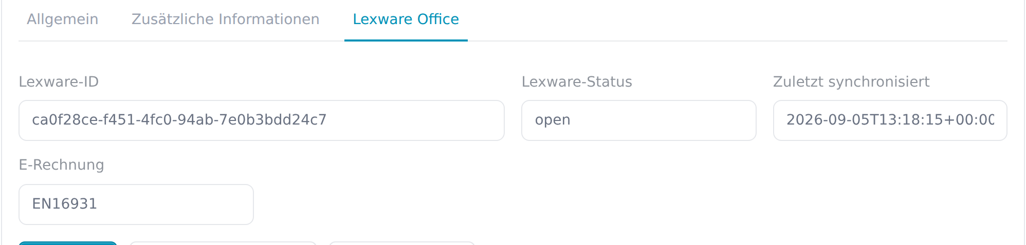 Reiter Lexware Office mit Lexware-ID, Status, Zeitpunkt und E-Rechnungsformat
