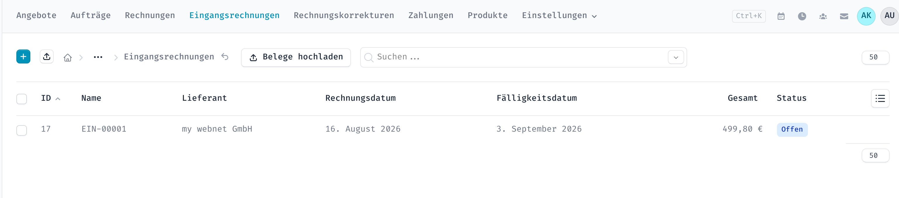 Übersicht der Eingangsrechnungen