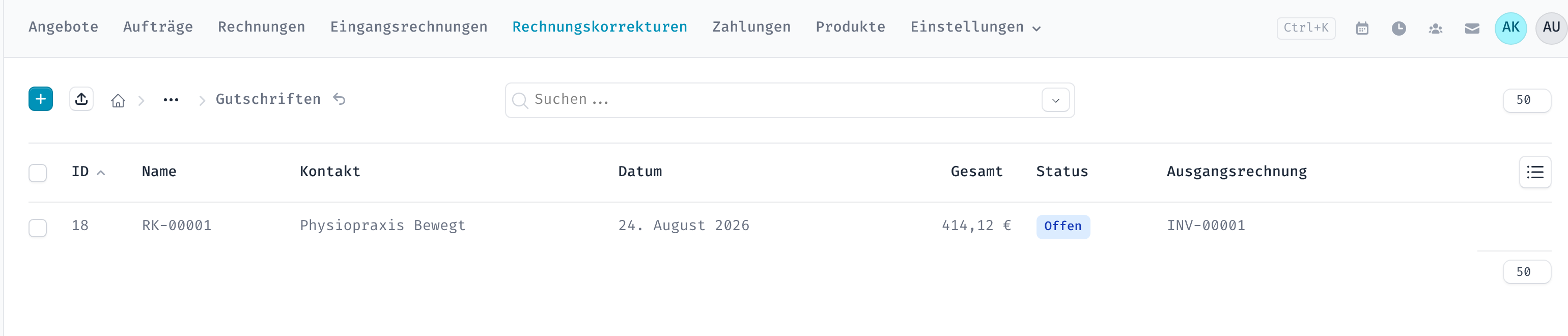 Übersicht der Rechnungskorrekturen