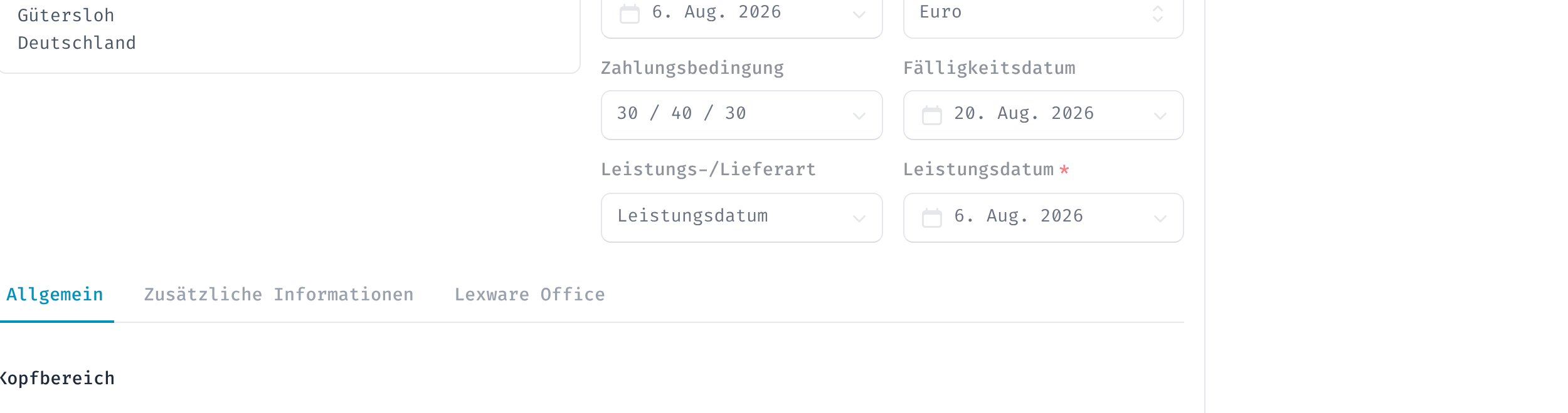 Kopfdaten der Rechnung mit Datum, Zahlungsbedingung und Leistungsdatum