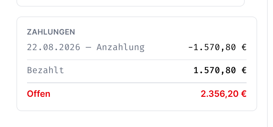 Zahlungsblock der Rechnung mit bezahltem und offenem Betrag
