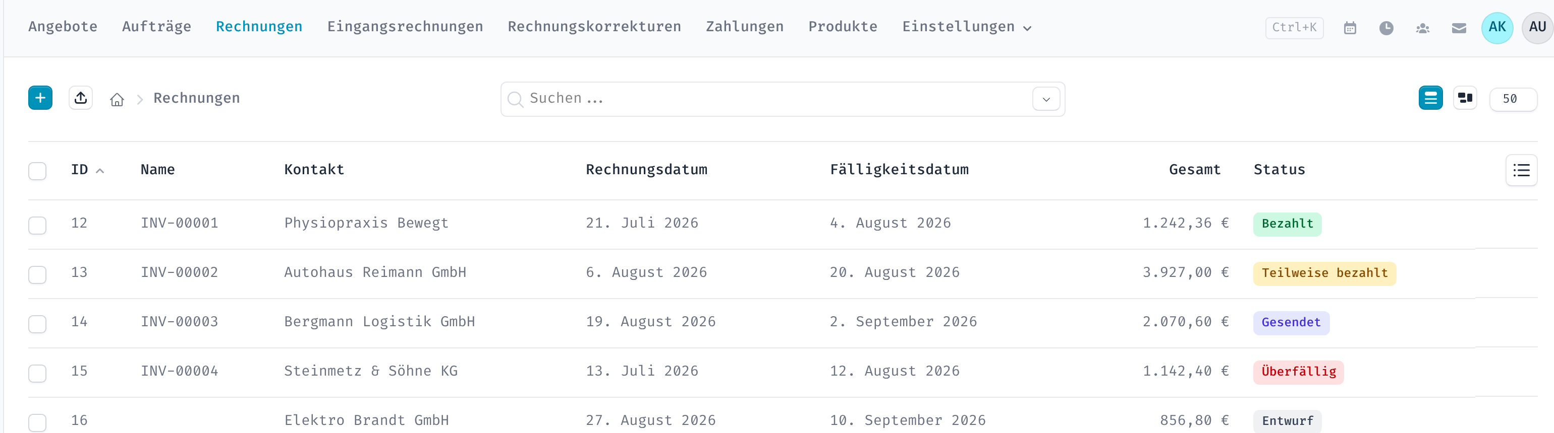 Übersicht der Rechnungen mit Kunde, Beträgen und Status