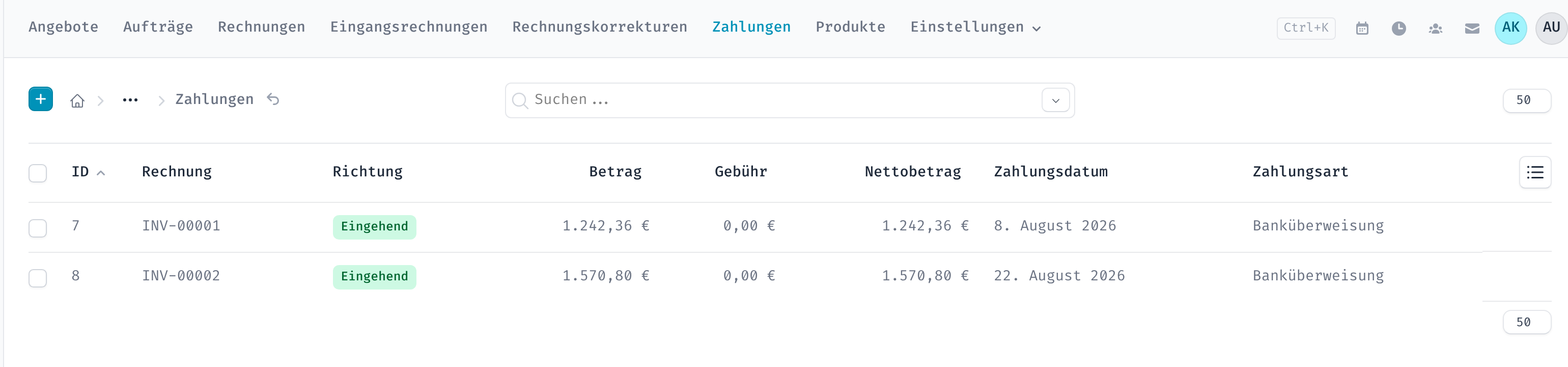 Übersicht aller erfassten Zahlungen