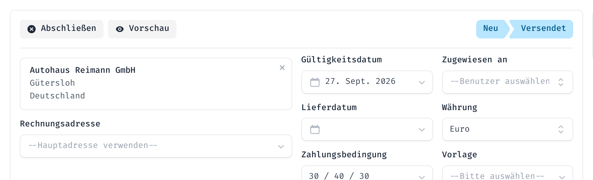 Kopfbereich eines Angebots mit Kunde, Gültigkeit und Zahlungsbedingung