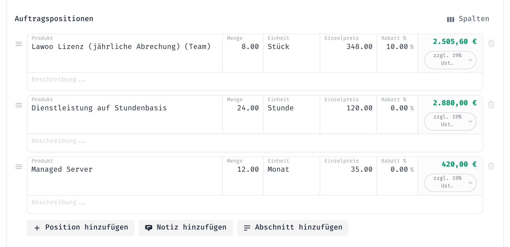 Positionsliste mit Produkt, Menge, Einheit, Einzelpreis, Rabatt und Steuersatz