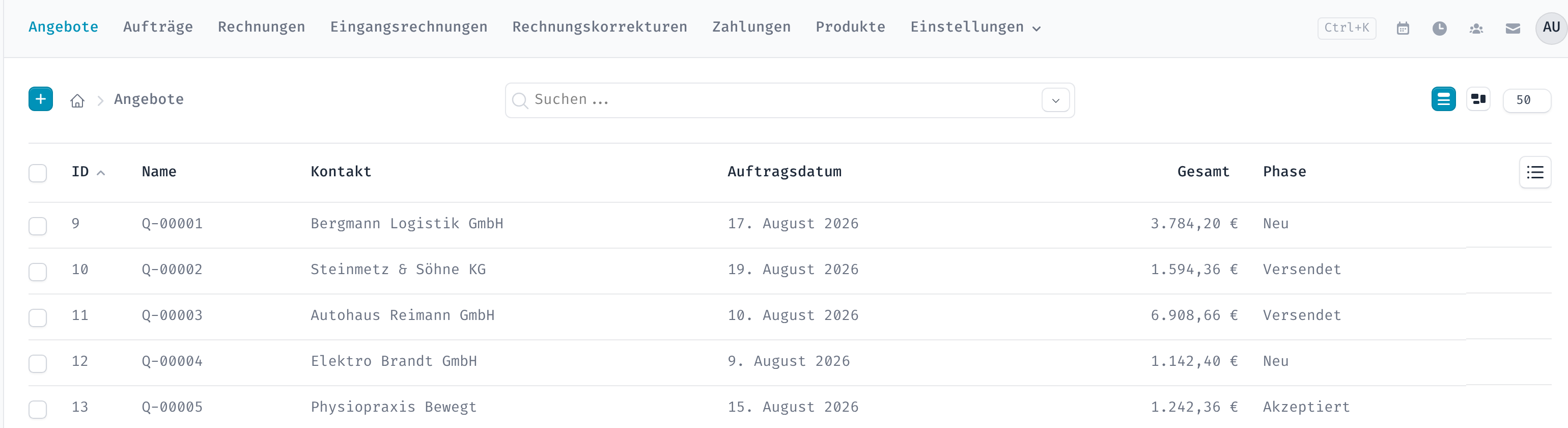 Übersicht der Angebote mit Kunde, Datum, Summe und Phase