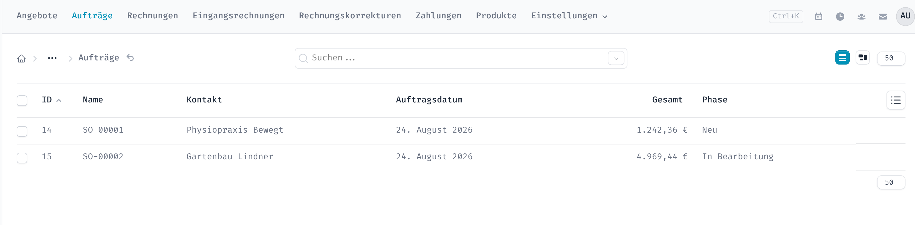 Übersicht der Aufträge