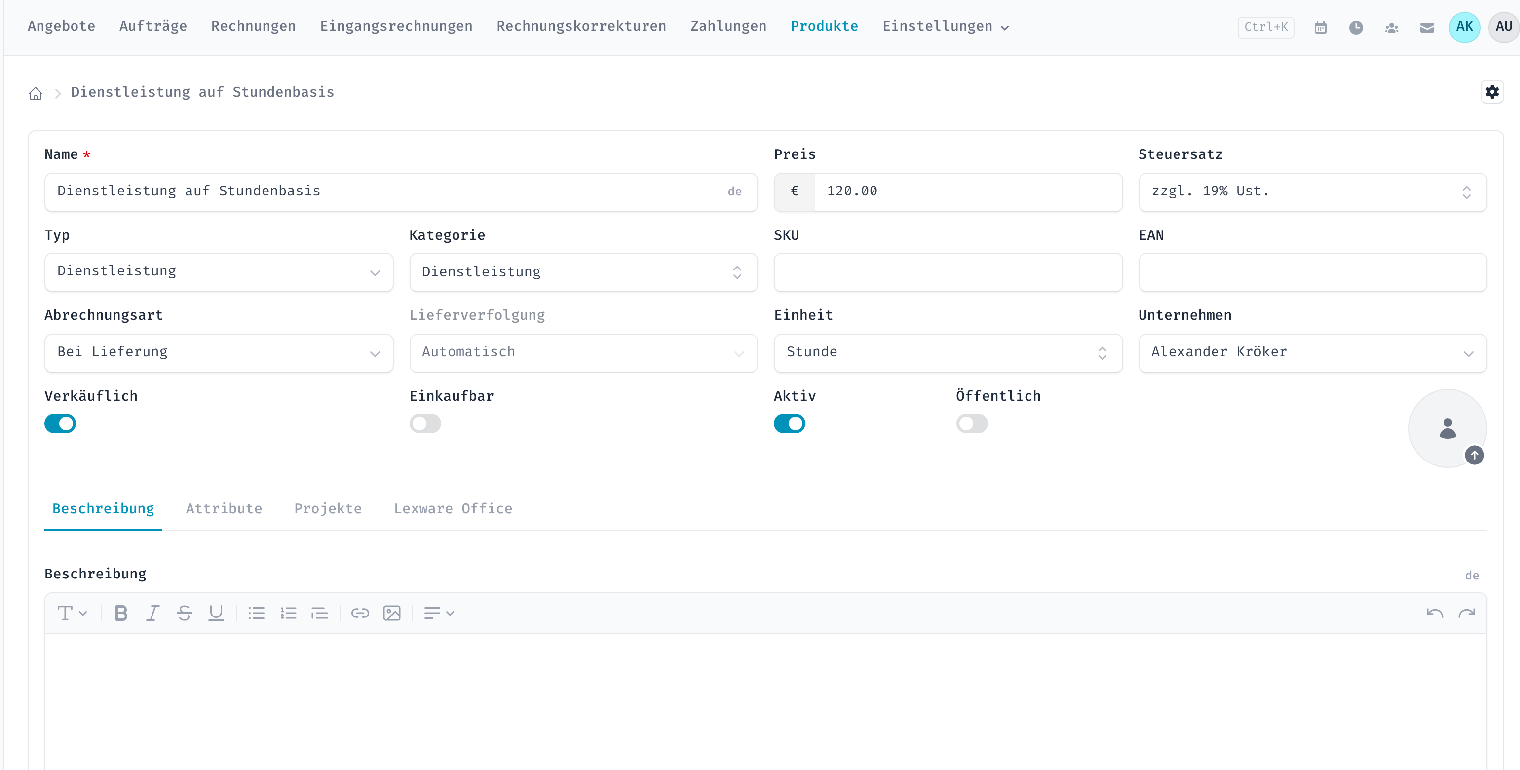 Produktformular mit Name, Preis, Einheit, Steuersatz und Kategorie