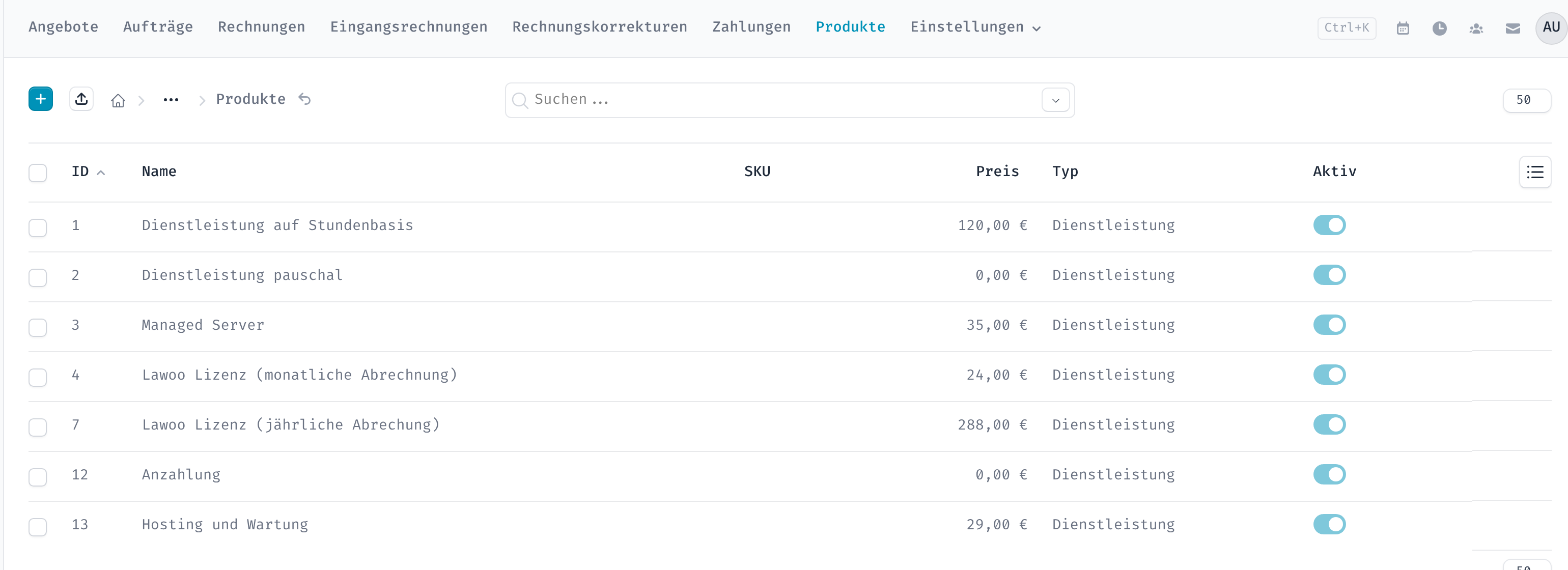 Produktliste mit Name, Preis, Typ und Aktiv-Schalter